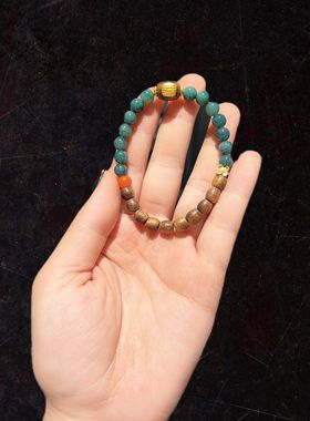 6m柬埔寨绿奇楠配蓝水翡翠配五条经配红玛瑙手串手链无优化