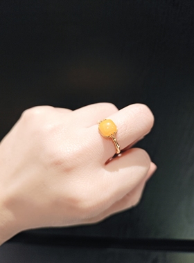 8m方糖蜜蜡鸡油黄配s925银戒托戒指可调节