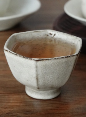 诺裔家 日式器 丸玲制陶志野烧轻量化设计原矿土粉引侘寂六边小杯
