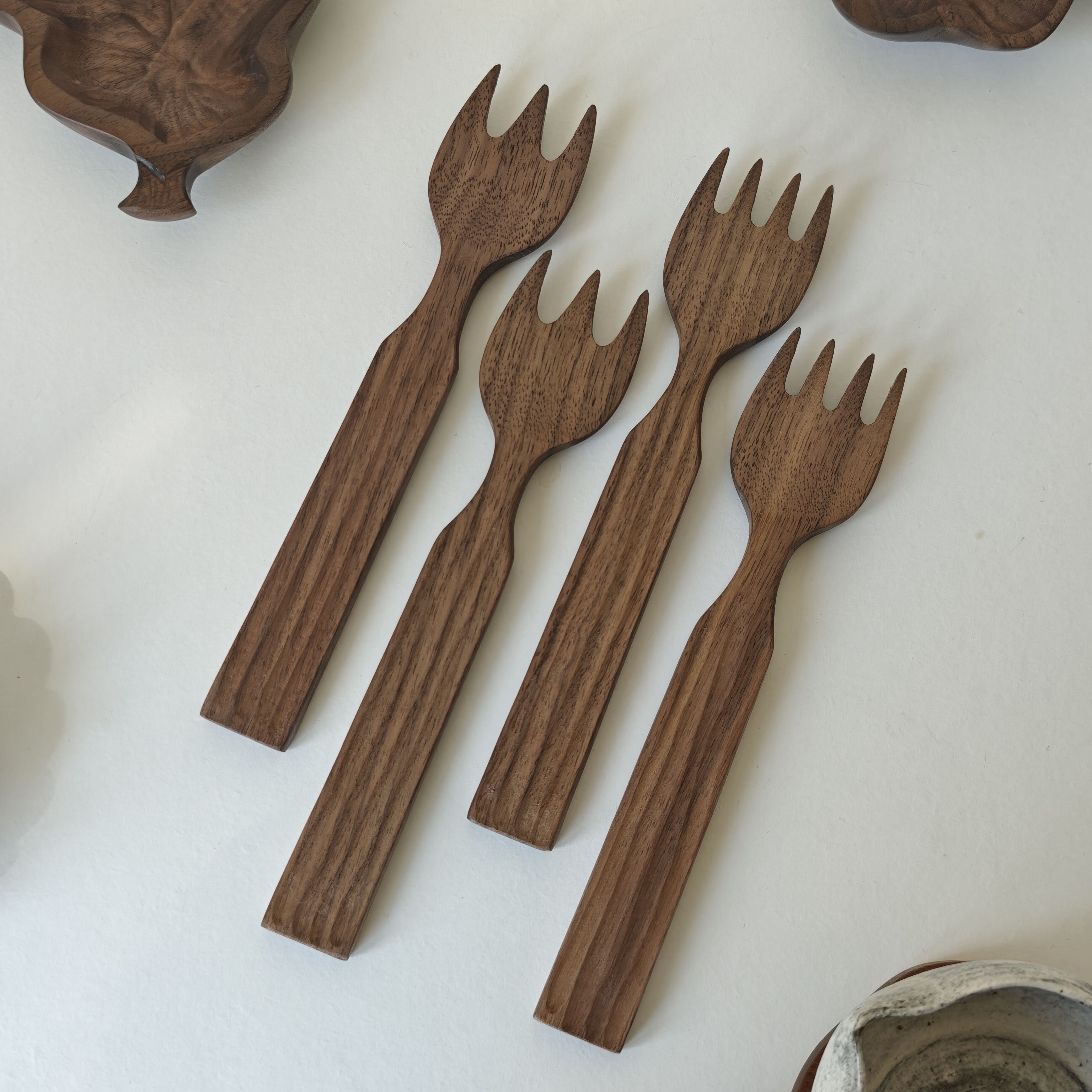 诺裔家 日式器 京都木器手工制北美天然黑胡桃木手凹雕甜品水果叉