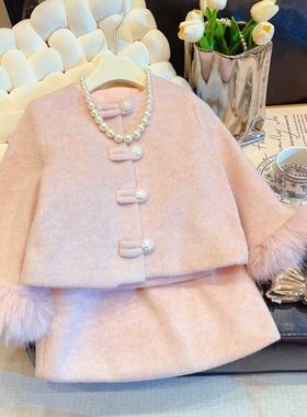 HHkids甜妹！冬季女宝小香风毛毛袖口外套洋气加厚半裙套装ATZ259