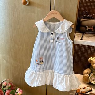 蓝条兔叙～女童双层娃娃领条纹无袖朱迪兔子刺绣百褶连衣裙BQZ540