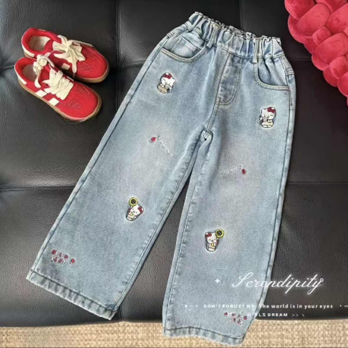 女童牛仔裤休闲秋冬款加绒儿童中大童直筒时尚卡通韩版绣花HKZ326