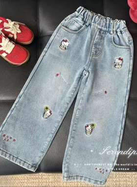 女童牛仔裤休闲秋冬款加绒儿童中大童直筒时尚卡通韩版绣花HKZ326
