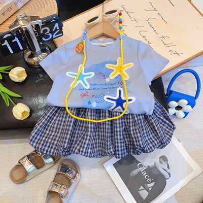 HHkids女童韩版夏季新款海星刺绣短袖T恤格纹花苞裙套装DTZ151