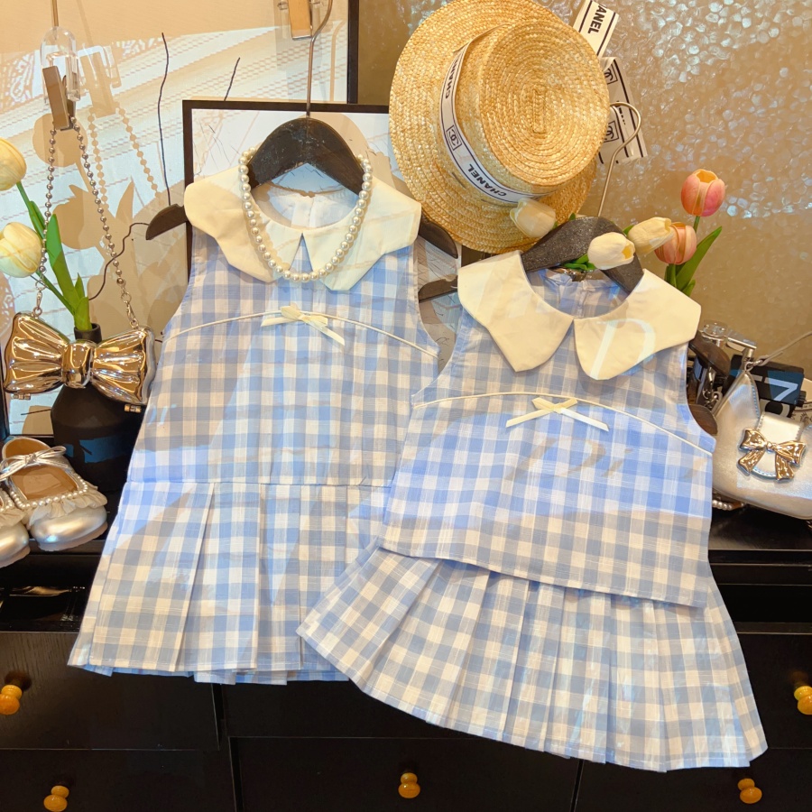 HHkids2025夏季新款女童花边娃娃领格子无袖连衣裙套装HTZ238