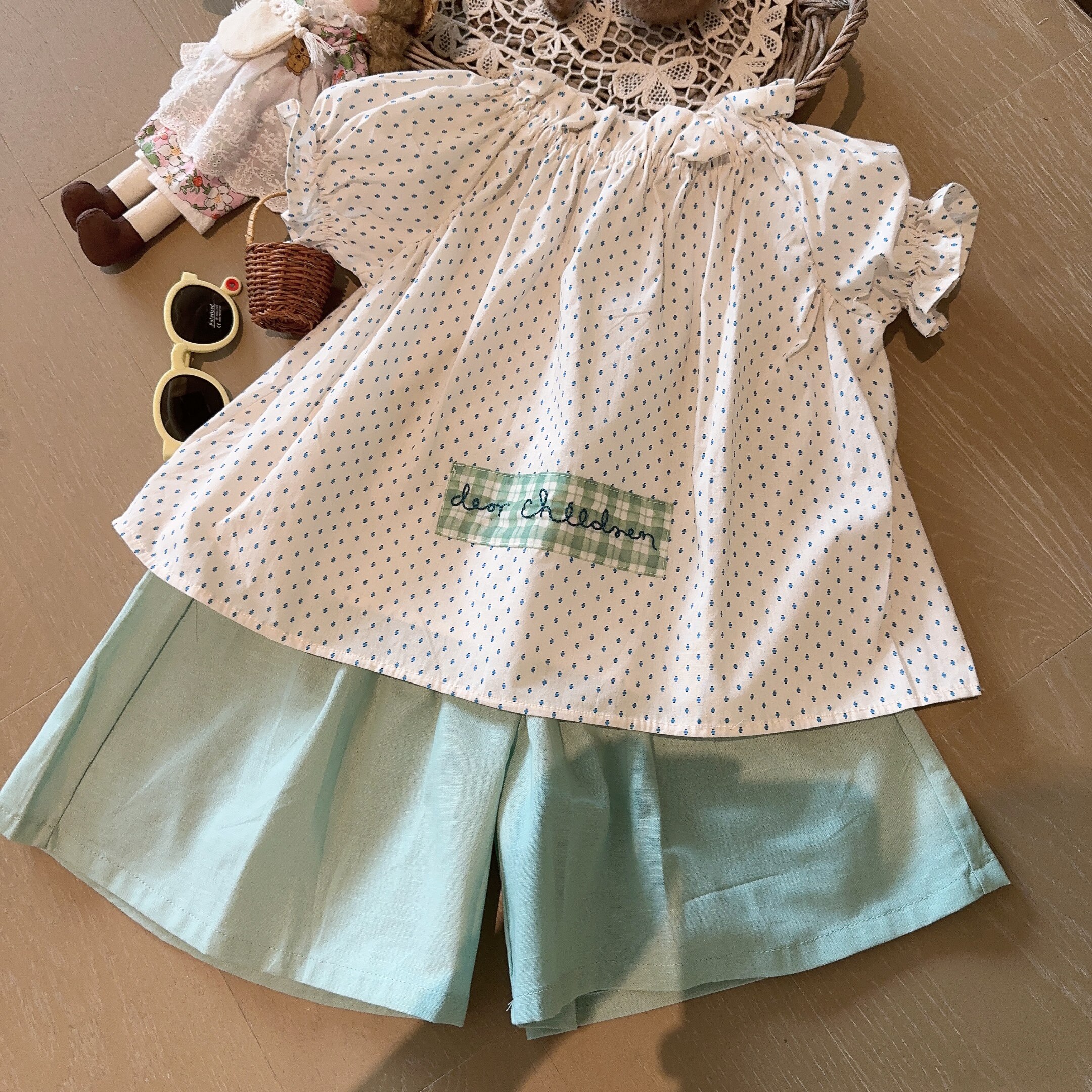 HHkids女童夏装26韩系新款多巴胺穿搭波点娃娃衫裤子两件套ATZ013