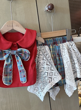 HHkids女童红色娃娃领蝴蝶结套装宝宝格纹蕾丝裙两件套FTZ002