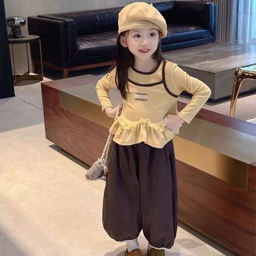 女童新款套装洋气假两件上衣女宝宝休闲阔腿灯笼裤两件套ATZ694