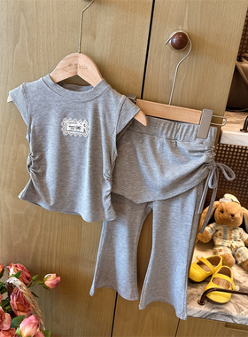 HHkids女童灰色抽绳上衣喇叭裤套装夏季宝宝休闲两件套FTZ004