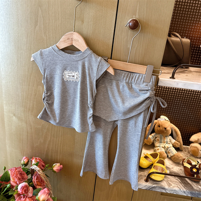 HHkids女童灰色抽绳上衣喇叭裤套装夏季宝宝休闲两件套FTZ004