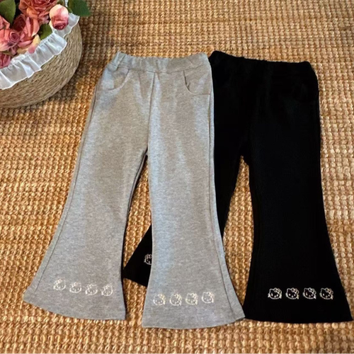 女童韩系喇叭裤秋装宝宝裤脚卡通烫钻弹力针织微喇休闲长裤DKZ583