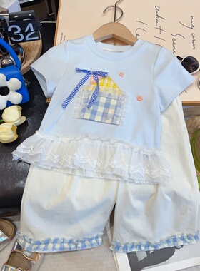 HHkids女童洋气蕾丝花边蝴蝶结短袖裤子两件套2026夏季新款GTZ393