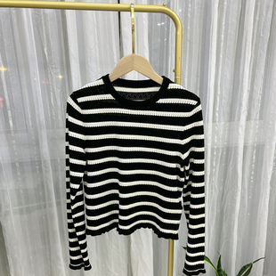 遇见柒月 秋冬款修身百搭黑白条纹花边套头针织毛衫打底衫女士
