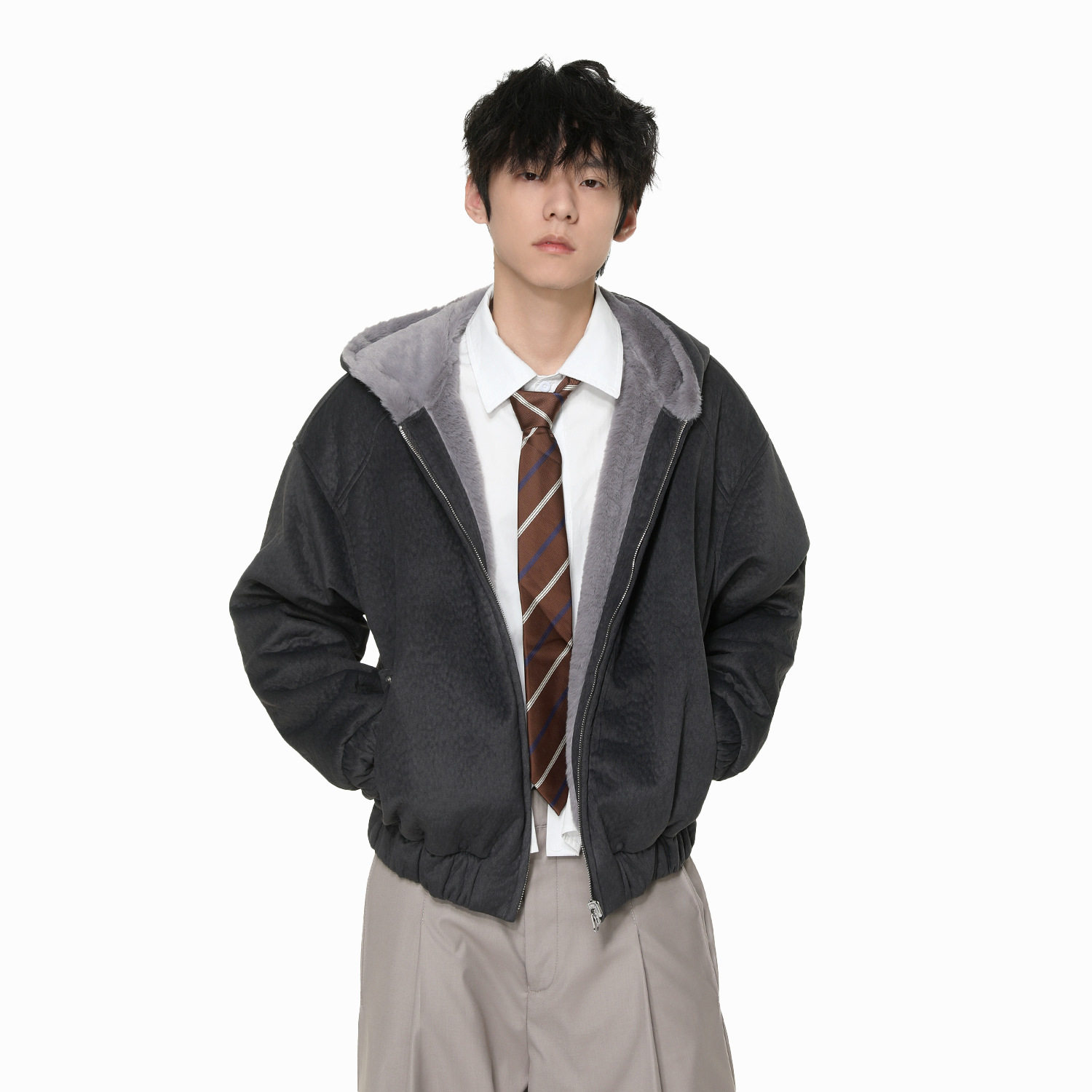 AKDAD韩版高级肌理皮绒连帽棉服双面穿男加绒厚款短款拉链外套潮