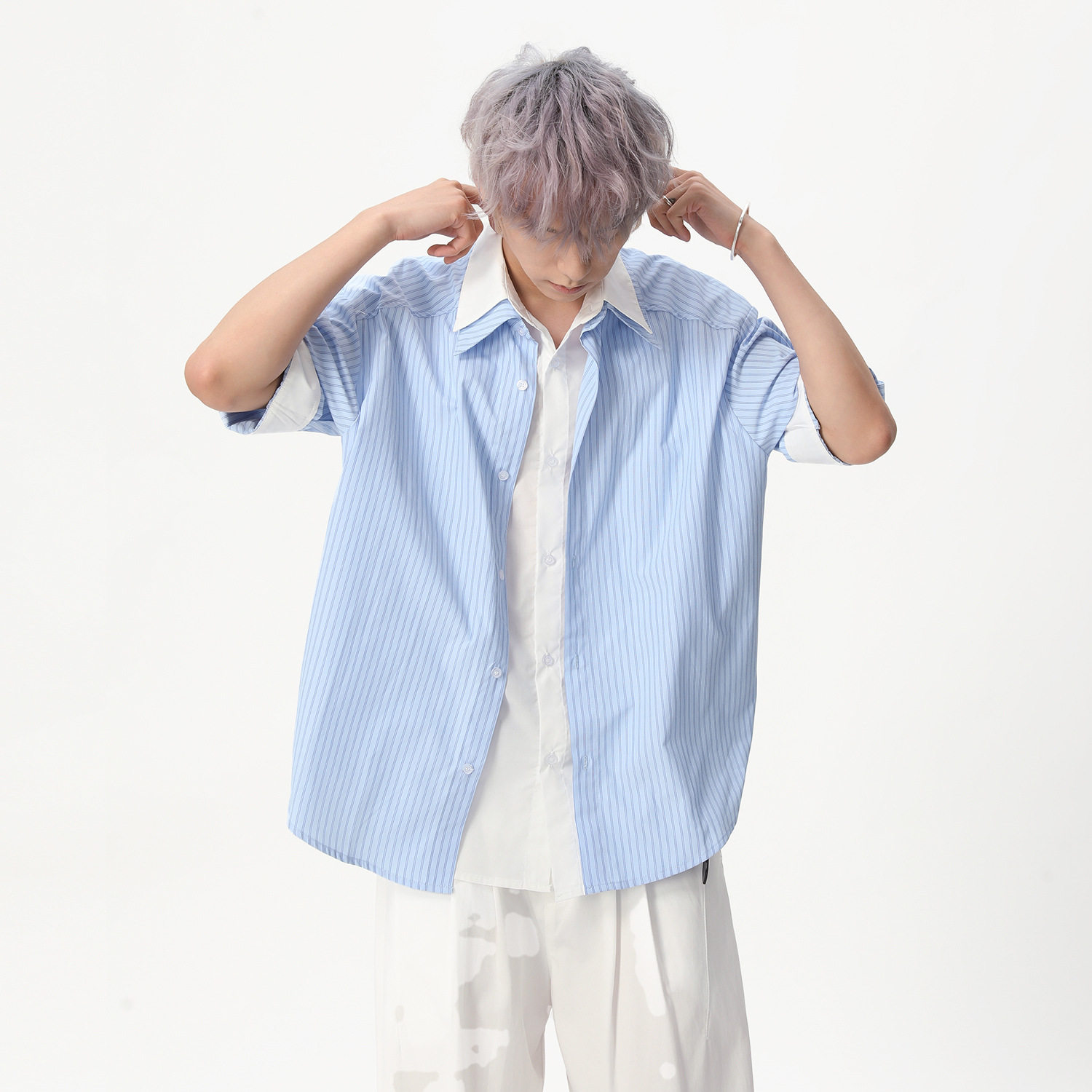AKDAD学院风宽松韩系男条纹夏季翻领拼接假两件短袖衬衣清爽休闲