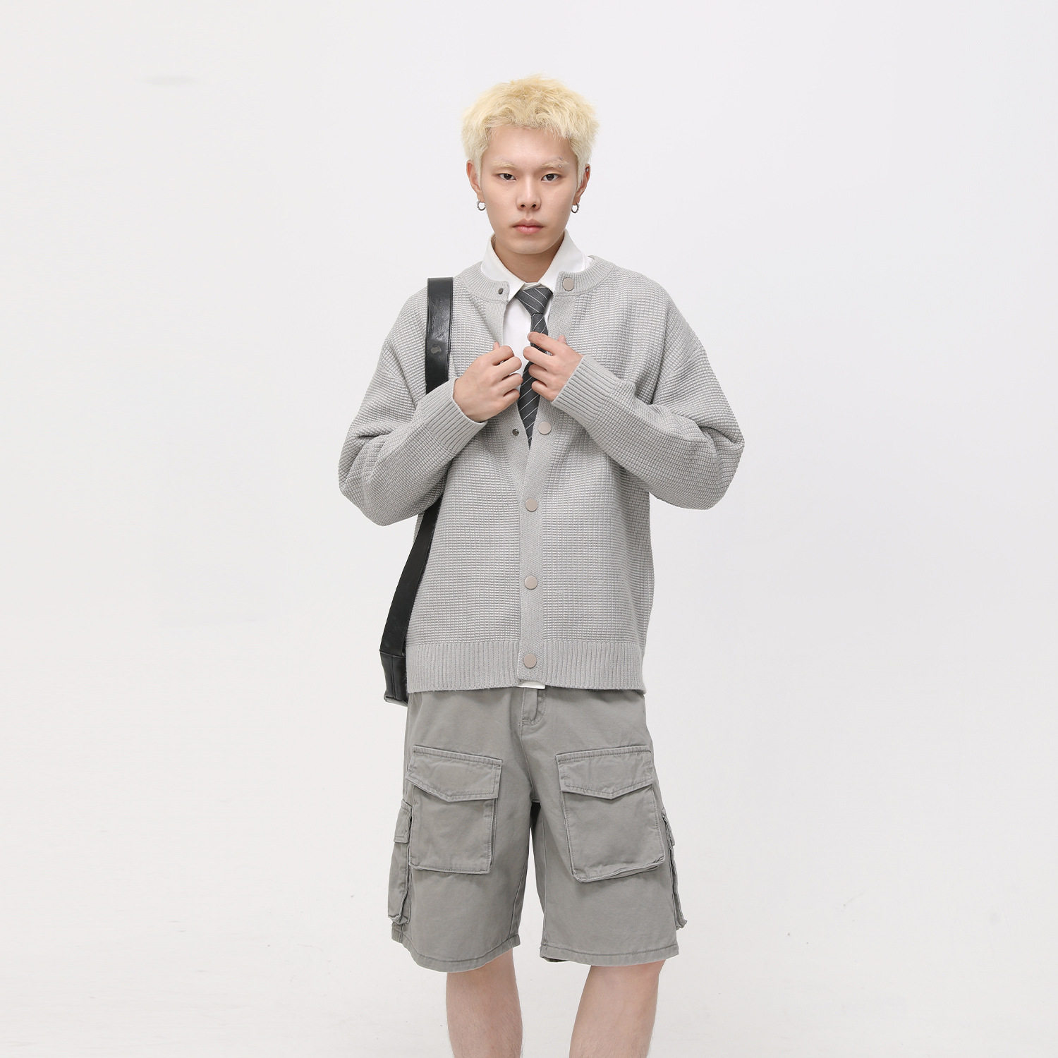 美式双拉链纯色男简约秋圆领潮复古百搭休闲针织毛衣开衫外套宽松