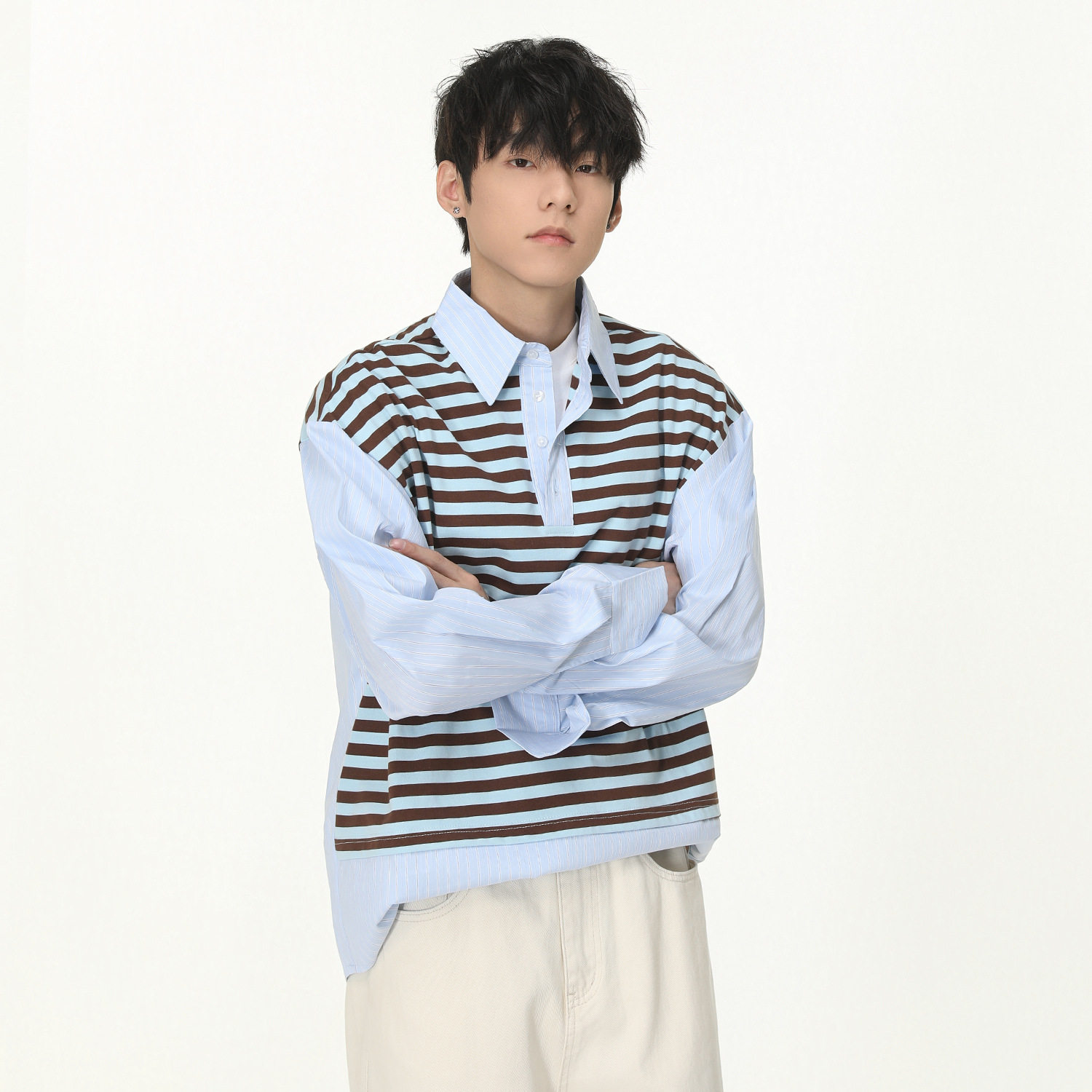 AKDAD学院风春秋针织条纹撞色假两件美式翻领宽松百搭长袖衬衫男