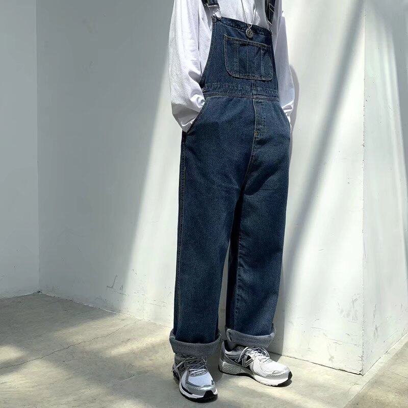 일본 복고풍 데님 멜빵 남성용 한국 스타일 트렌드 유럽 및 미국 스트리트 대형 사이즈 루즈한 와이드 레그 멜빵 바지