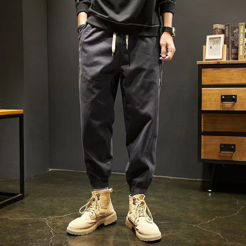 트렌디 브랜드 다리 잠금 작업복 남성 홍콩 스타일 일본식 루즈 코튼 레트로 플러스 사이즈 바지 캐주얼 바지 한국어 버전