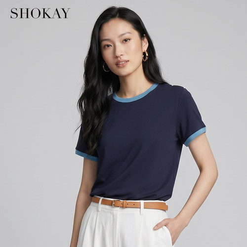 绣嘉纯棉夏季女撞色短袖T恤上衣