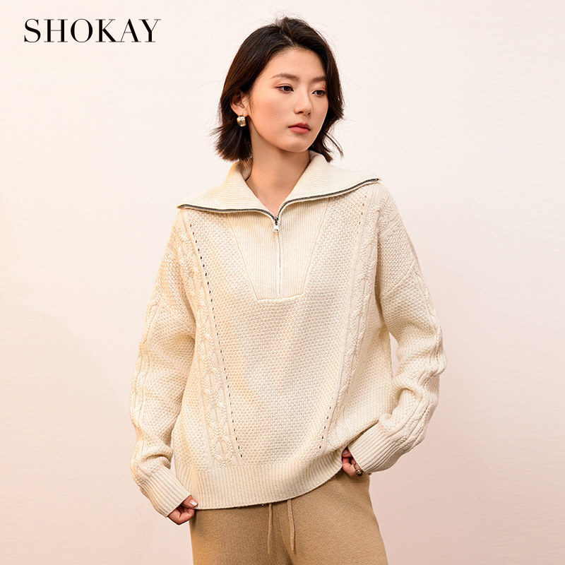 SHOKAY绣嘉草原牦牛绒绵羊毛衣复古时尚保暖翻领绞花休闲套头套衫