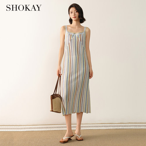 SHOKAY绣嘉【TA山藏语】亚麻彩条连衣裙时尚高级好看气质女夏季