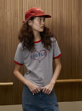 【复古ins美高】美式复古撞色T恤千禧数码印花vintage灰色红心形