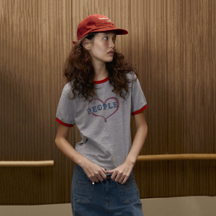 复古撞色T恤千禧数码 美式 印花vintage灰色红心形 复古ins美高