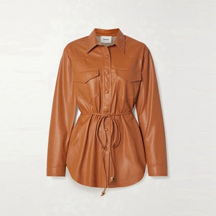 Ryanj匈牙利小众设计师皮衬衫 ins博主 焦糖色落肩竹子同款