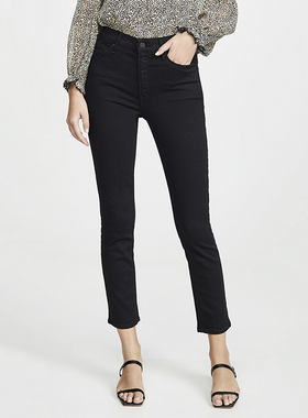 Ryanj美式小众紧身直筒黑色牛仔裤九分高腰高弹力小脚裤打底欧美