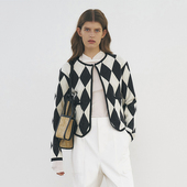 韩国小众设计感短外套菱格夹克黑白棋盘格开衫 菱格小香风 复古