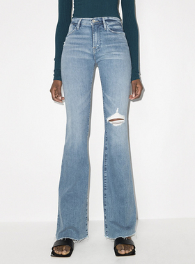 Ryanj美式喇叭裤水洗蓝高腰牛仔喇叭裤长款喇叭裤紧身浅蓝色破洞