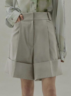 Ryanj韩国小众设计感短裤复古中性百慕大西装裤宽松五分古巴灰色