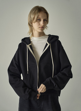 【法式校园风】首尔秋冬设计感卫衣黑色连帽卫衣外套灰色小众平替