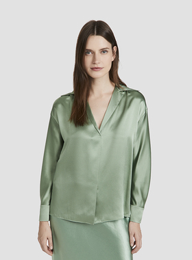 【日常华丽风】美式小众设计感真丝衬衫深V领桑蚕丝衬衫绿色通勤