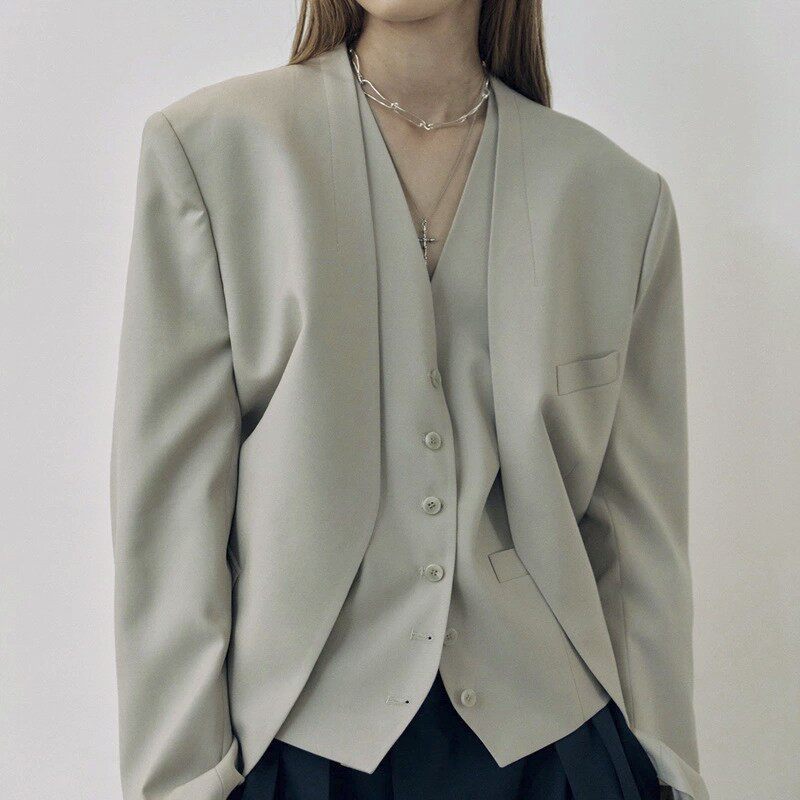 waistcoat 小众设计无领西装马甲套装设计感外套露背宽肩西装短款