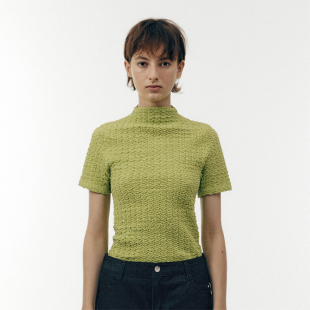 Ryanj韩国小众设计感T恤褶皱短袖 T恤 半高领牛油果绿ins风弹力修身