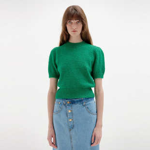 中袖 Ryanj 针织衫 设计感短袖 毛衣草绿色打底韩国小众圆领 上新