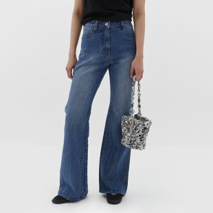 水洗裂纹做旧水洗蓝高腰阔腿 复古拖地喇叭牛仔裤 Y2K拖地长裤