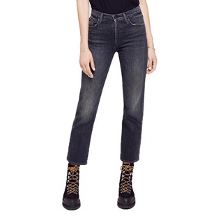 MO欧美小众黑灰高腰弹力直筒裤 水洗显瘦九分复古80年代 深灰牛仔裤