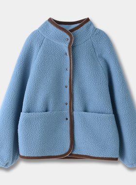 韩国小众设计感摇粒绒外套浅蓝色大口袋羊羔毛撞色简约ins风韩系