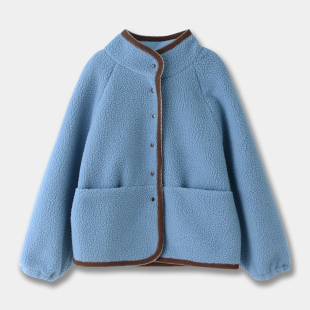 韩国小众设计感摇粒绒外套浅蓝色大口袋羊羔毛撞色简约ins风韩系