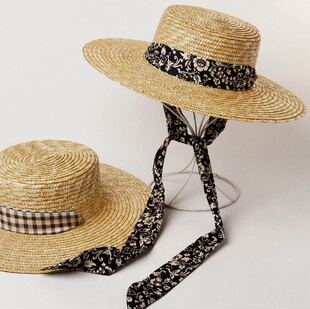 Ryanj法式 系带丝带格子麦秆草 小众飘带碎花小草帽平顶遮阳帽美式