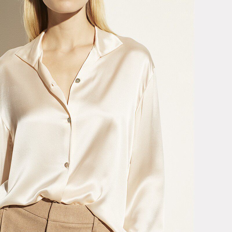 Ryanj美式小众设计感衬衫真丝珠光桑蚕丝长袖衬衫西装领V领通勤