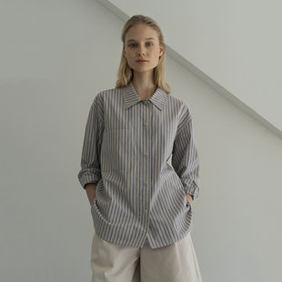 少年感衬衫 韩版 彩条中性复古条纹长袖 条纹控男友衬衫 女 廓形衬衫