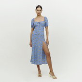 法式 显瘦奶工裙 复古连衣裙方领绑带连衣裙小碎花裹胸绑带长裙