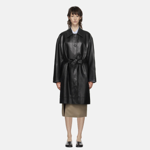 落肩 韩国小众设计感皮衣外套腰带pu大衣中长款 重磅抛光面皮衣