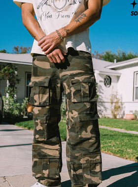 SOFRSH迷彩多口袋牛仔长裤美式复古水洗做旧弯刀宽松直筒工装裤男