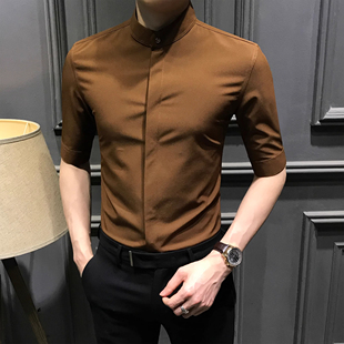 襯衣潮流休閑商務百搭男裝 法國APRIX?立領短袖 襯衫 男修身 免燙寸
